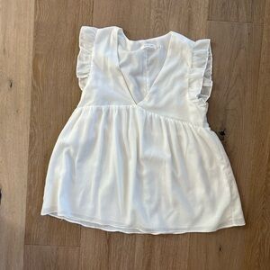 Mustard Seed White Blouse V Neck Flutter Ruffle Sleeve Double Layer Medium